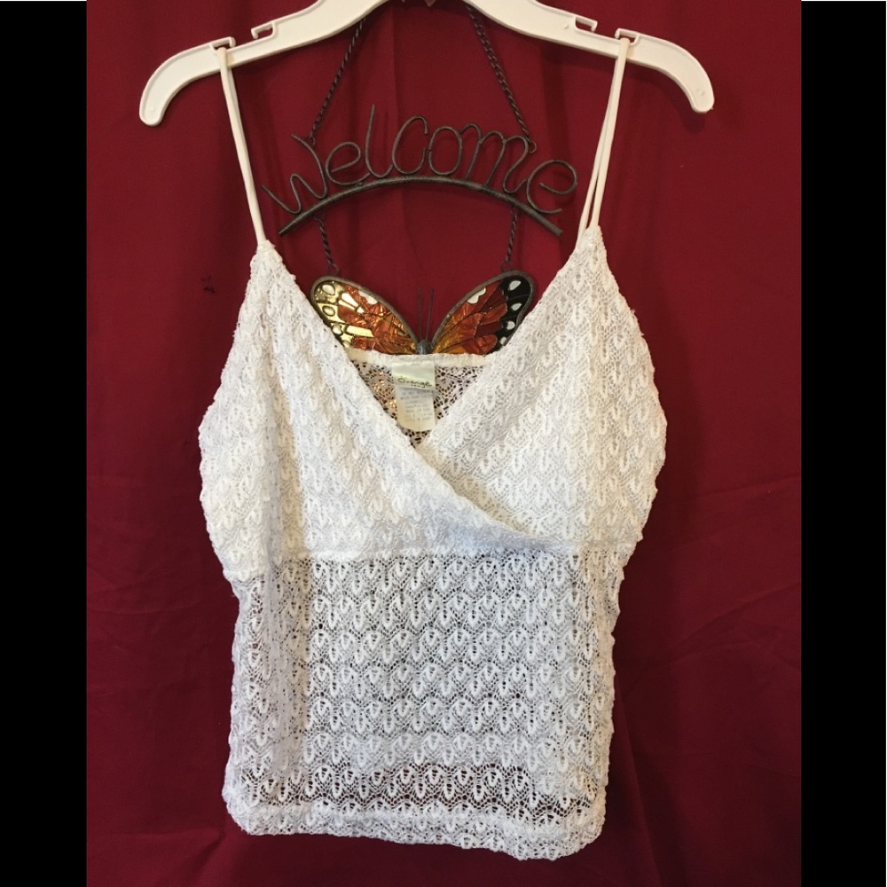 Vintage90’s White Camisole Crop Transparent Torso Raised Pattern L Made USA 🇺🇸